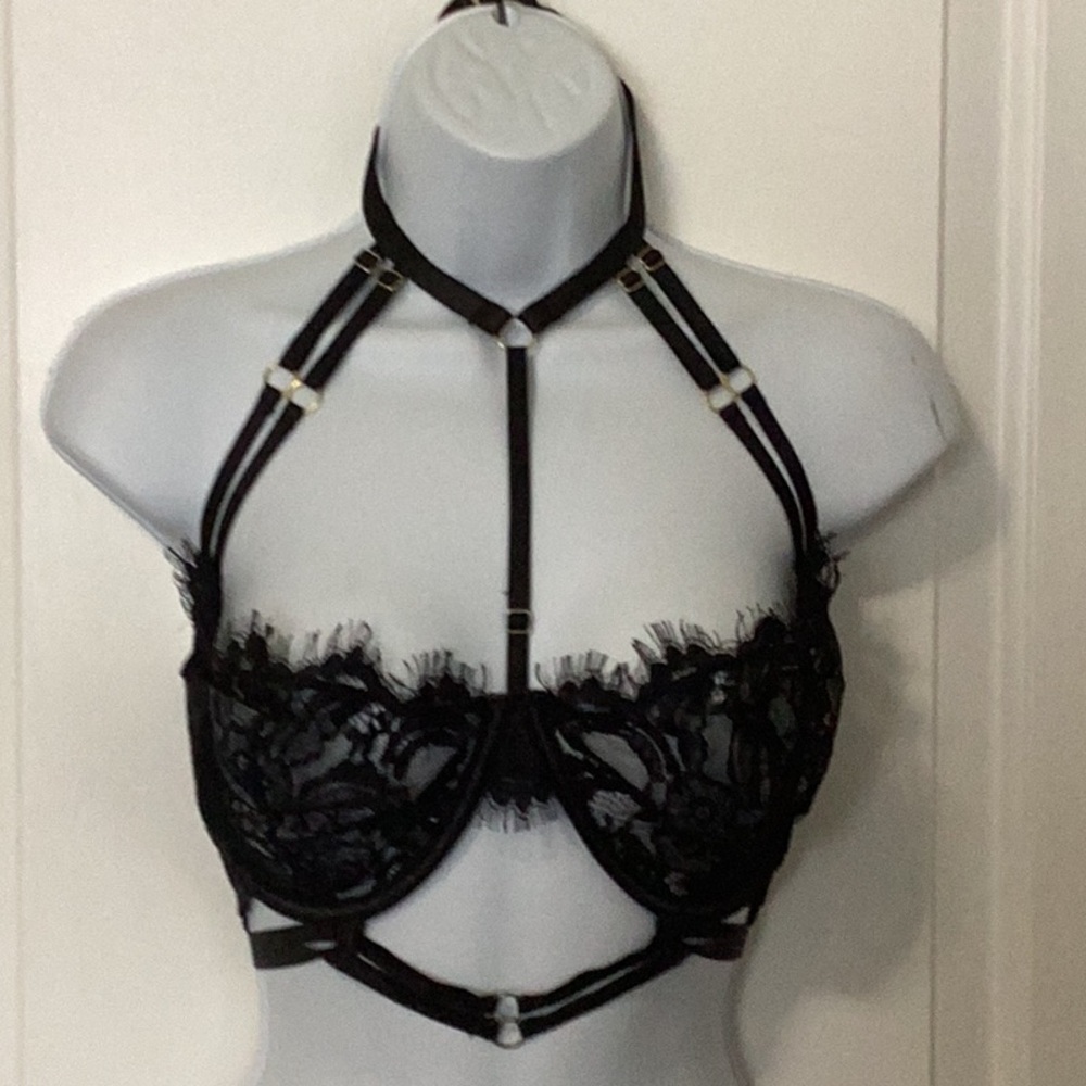 Black Lace Harness Bra with Floral Detailing